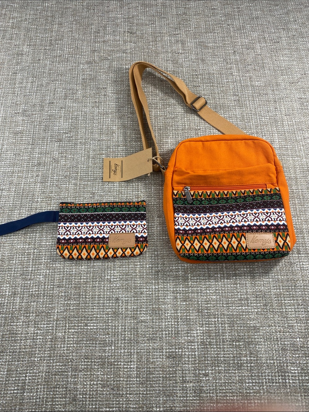 Kemy’s Orange Ethnic Pattern Crossbody Bag with Matching Wristlet